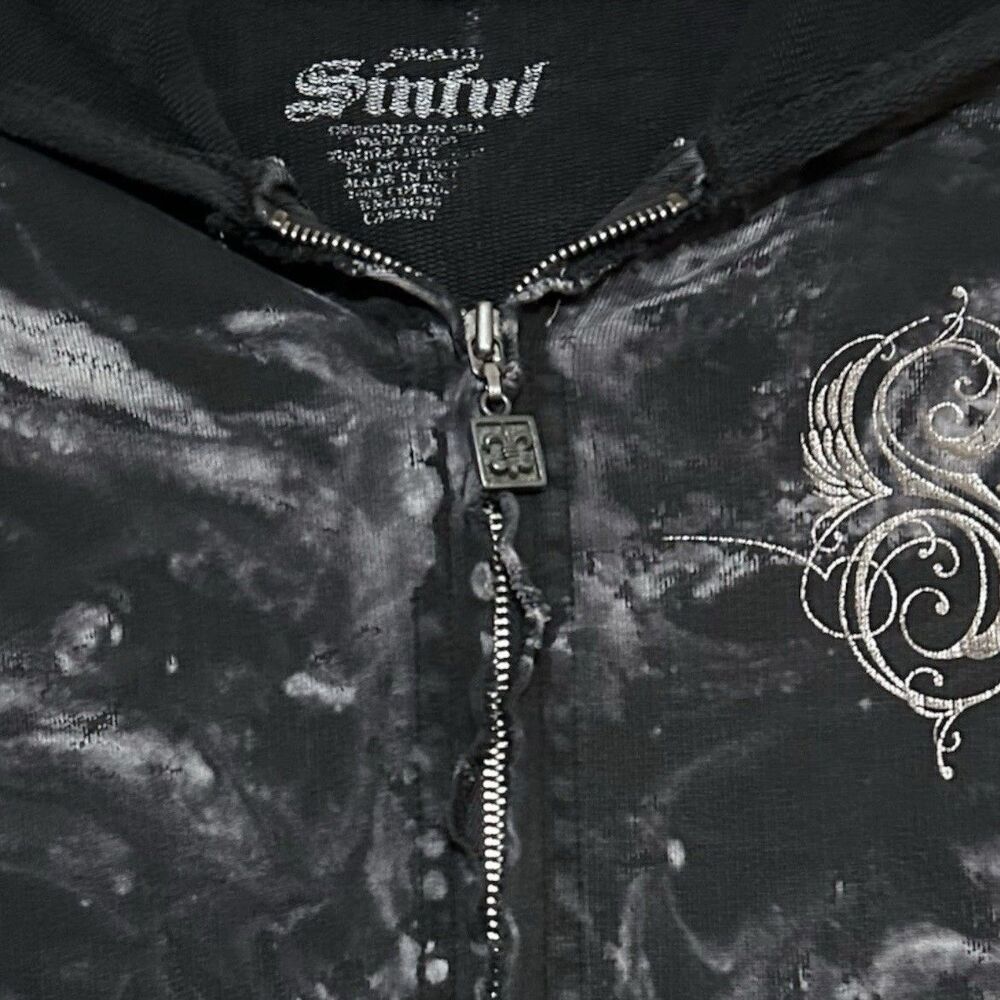 Sinful By Affliction S Grunge Black Jacket Hoodie Rhinestone Skull Wings Y2K - Picture 8 of 15